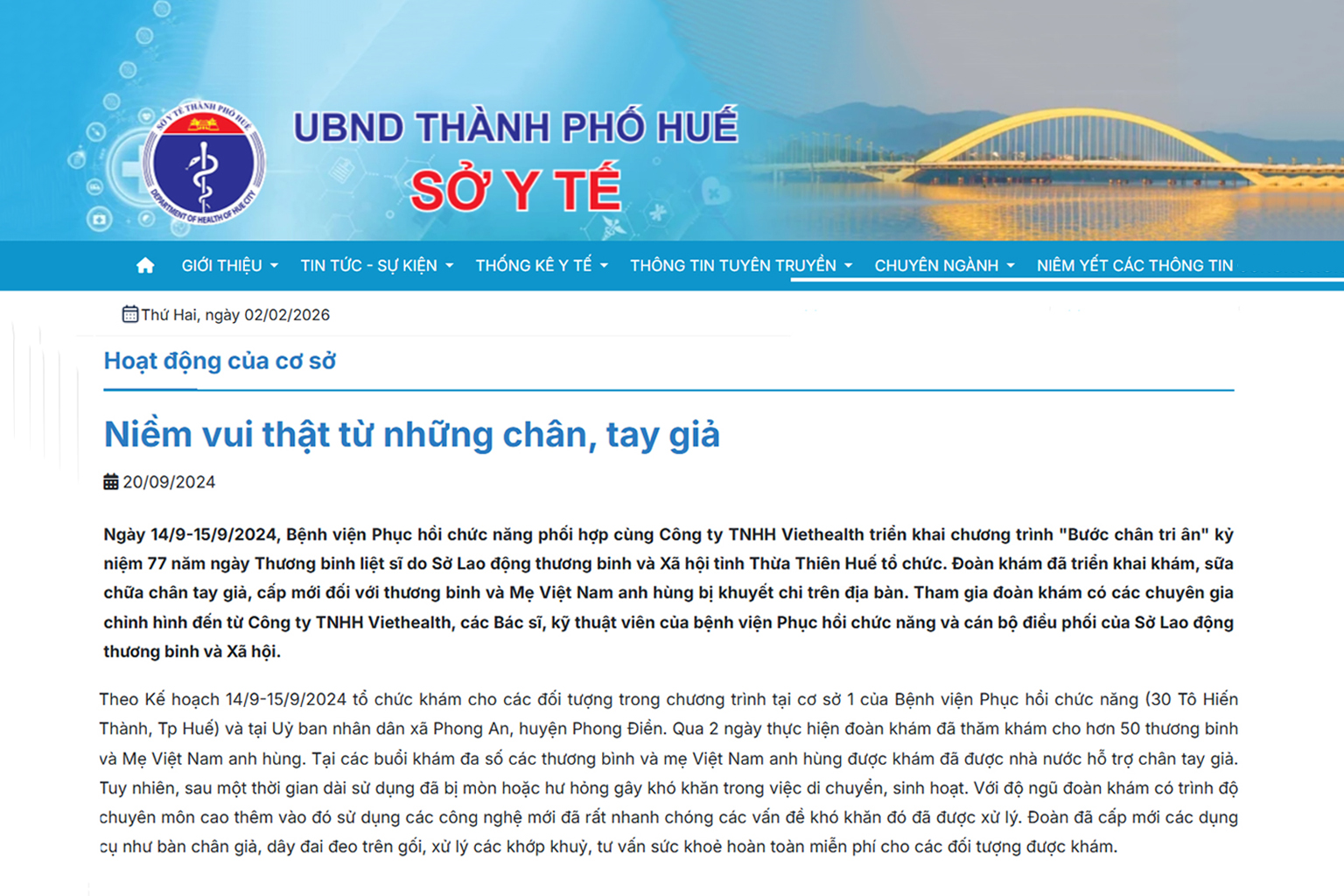 Báo Sở Y Tế Đưa Tin – Viethealth Kết Hợp Với Bệnh Viện PHCN Khám & Sữa Chữa Chân Tay Giả Viethealth tại Huế